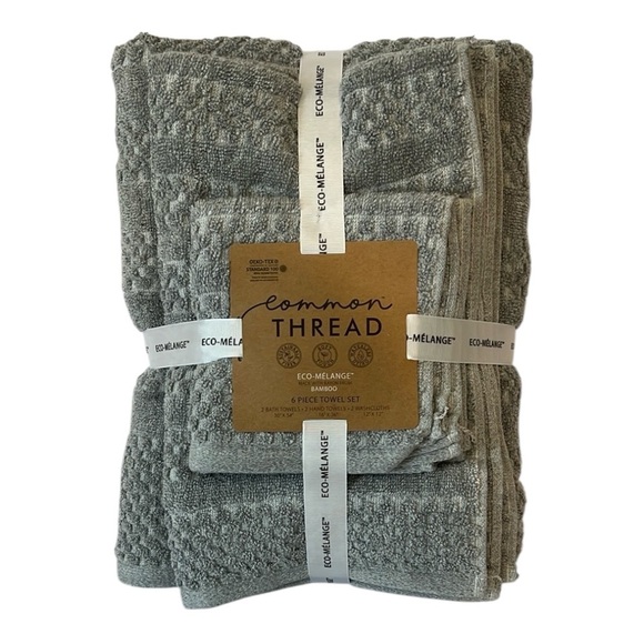 6 Pc Common Thread Eco-Melange Bamboo Towel Set Gray Bath Hand Wash NEW - Picture 6 of 6